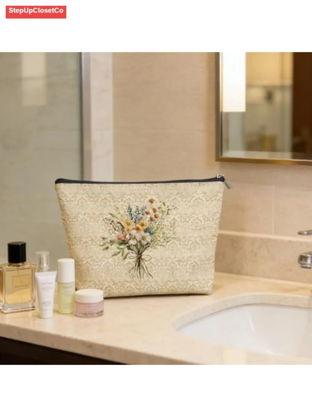 Vintage Floral Linen Makeup Bag with Zipper Pouch Cosmetic Travel Accessory